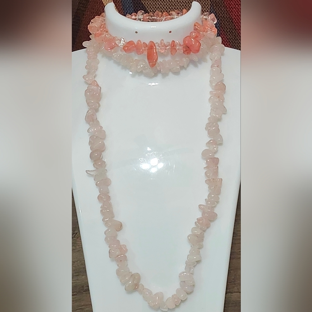 3pcs Bohemian Pink and Red Natural Stone Necklace & Bracelet Set